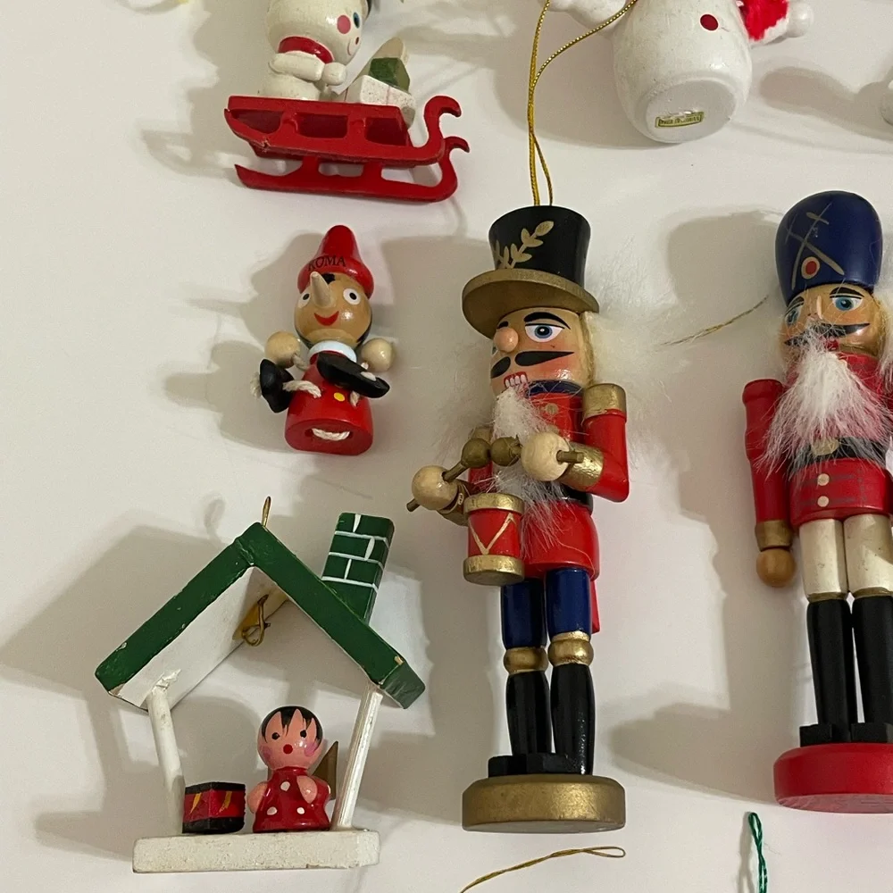 Vintage 1970s/1980s Wood Christmas Ornament Lot Kid Theme